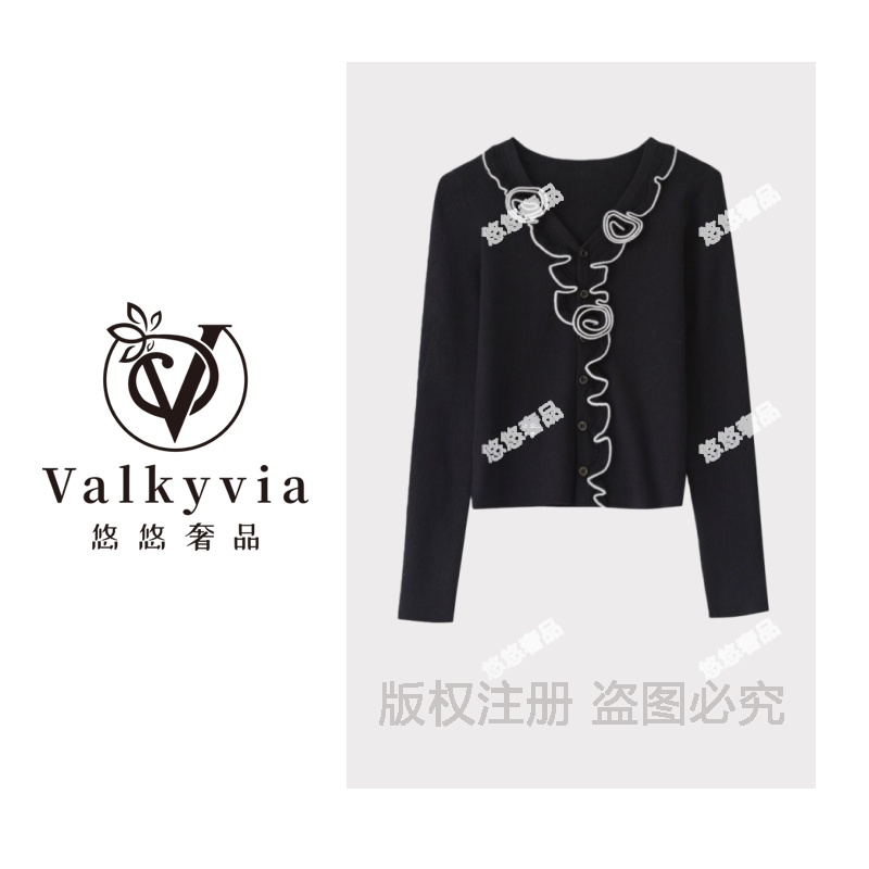 【Valkyvia/悠悠奢品】 波浪边小蜜蜂刺绣针织开衫毛衣msl689