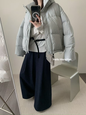 水蓝色中长款新国标90白鸭绒羽绒服新款韩系时尚显瘦保暖宽松女款