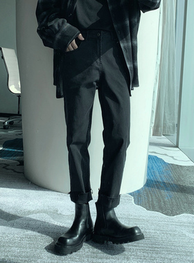 短句先生黑色直筒毛边牛仔裤男春秋季2023新款修身小脚裤休闲裤子