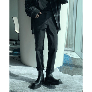 短句先生黑色直筒毛边牛仔裤男春秋季2023新款修身小脚裤休闲裤子