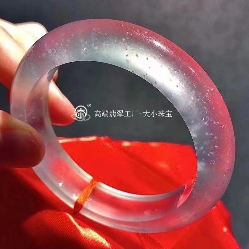 大小珠宝玻璃种冰白天然翡翠手镯正圈60老坑木那飘雪花翡翠玉镯子