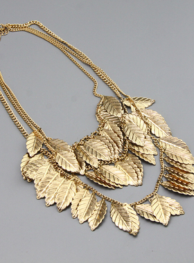 L摩登复古金色树叶流苏时尚造型多层项链毛衣链孤品