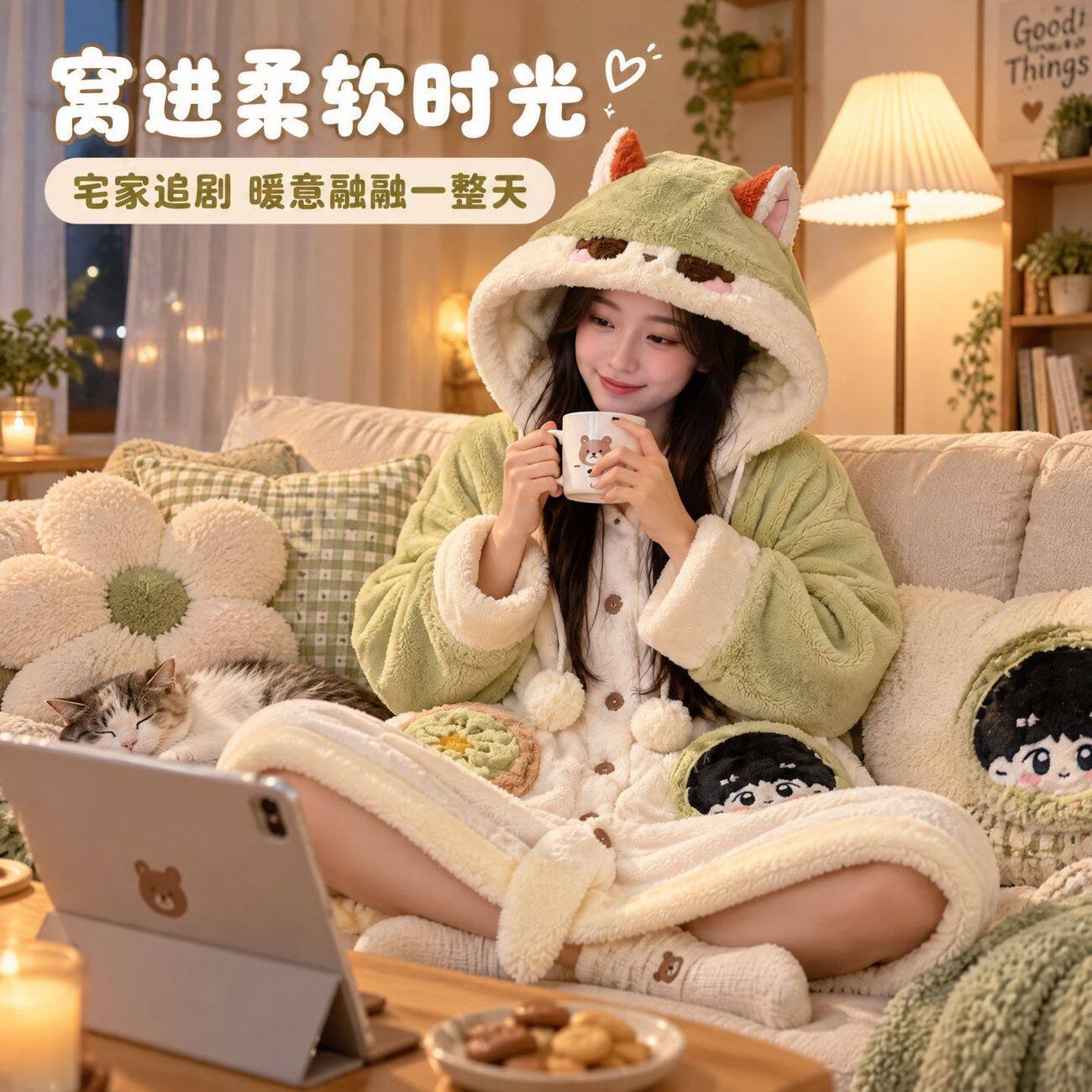 睡衣女秋冬新款珊瑚绒加厚连帽奇异果成毅保暖大码睡袍家居服套装