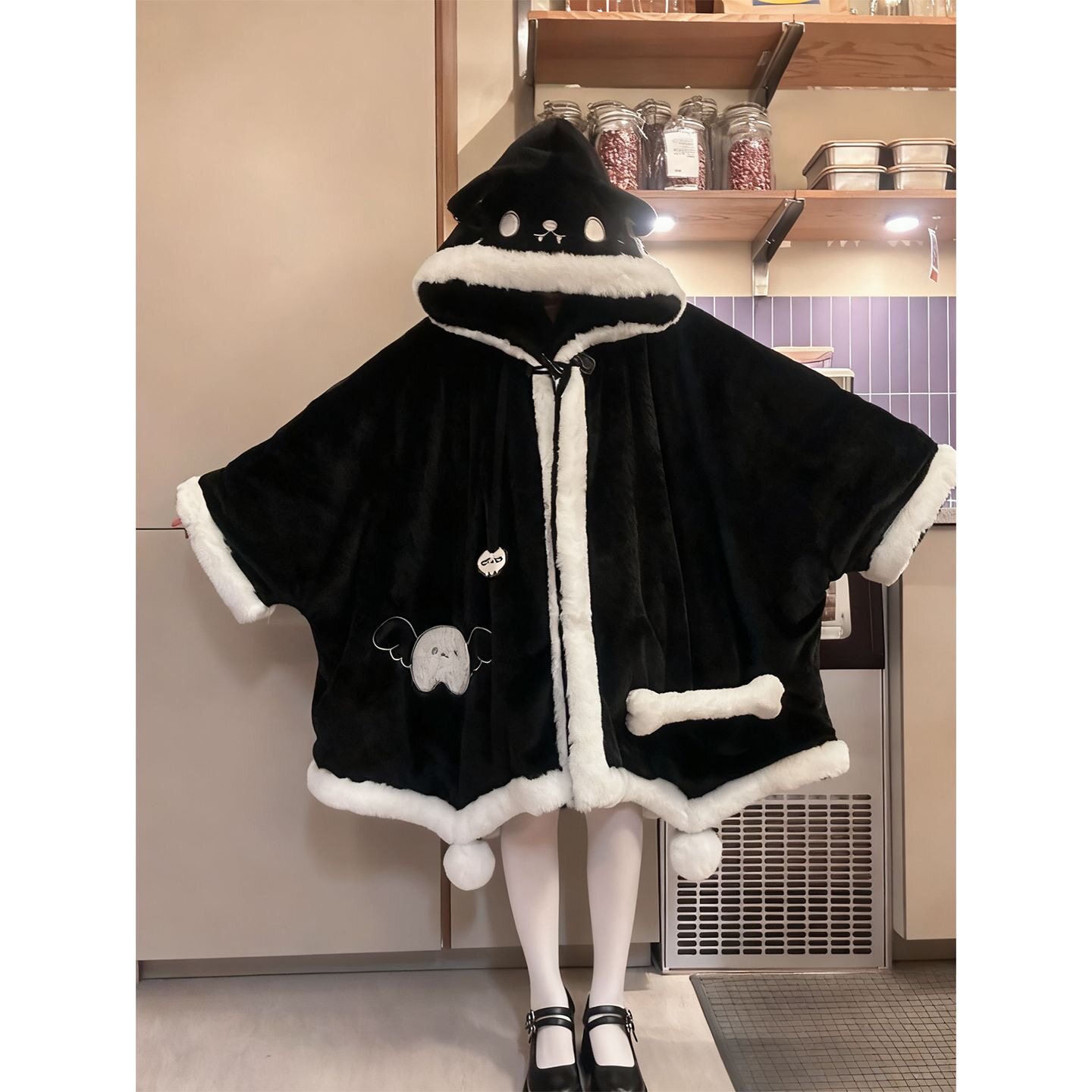 秋冬季幽灵黑色小猫斗篷睡袍保暖长毛珊瑚绒可爱卡通家居服可外穿