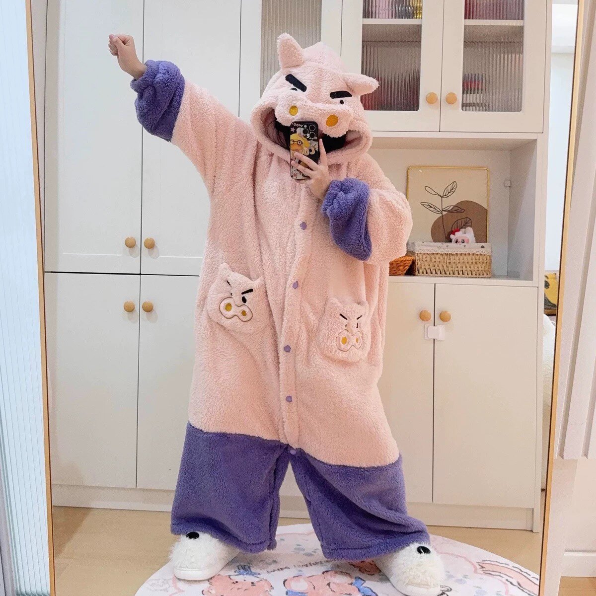 卡通搞怪肥嘟嘟左卫门连体睡衣女冬季珊瑚绒加厚保暖家居服可外穿