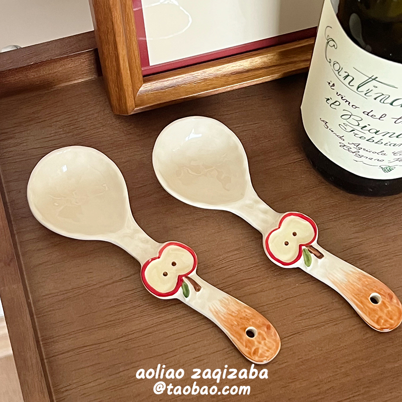 ins风釉下彩可爱卡通苹果小勺子餐具套小汤勺高颜值陶瓷调羹儿童
