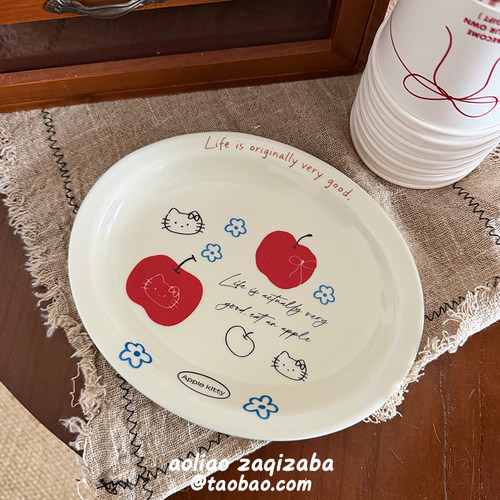 新年苹果猫咪陶瓷盘印花家用餐盘
