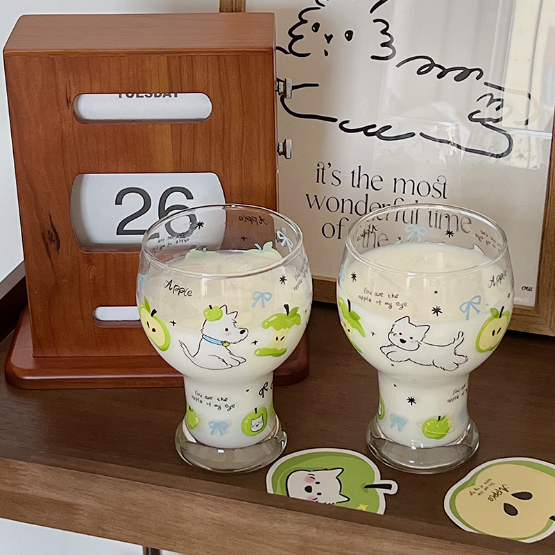 可爱青苹果小狗啤酒杯果汁杯大容量牛奶杯玻璃杯高颜值生日礼物女