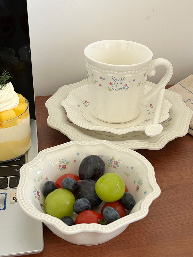 ins可爱兔兔咖啡杯碟高颜值下午茶陶瓷花边甜品盘马克杯伴手礼女,餐饮具,咖啡杯,淘宝优惠券,粉丝福利购,淘宝优惠卷