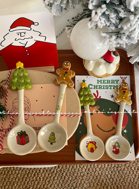 可爱圣诞树陶瓷勺汤勺礼物创意手作手绘立体姜饼人粗陶勺搅拌勺