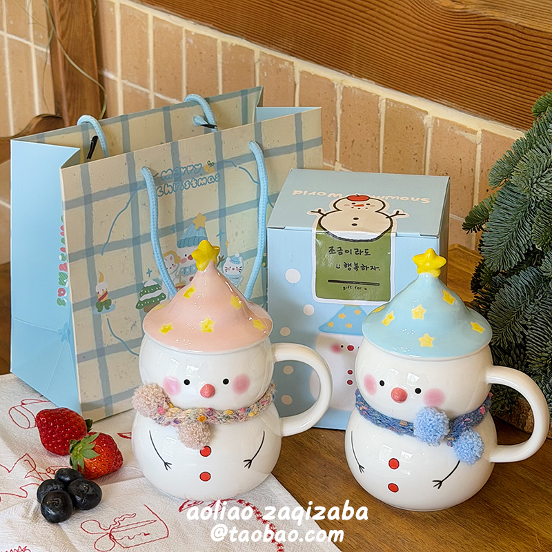 可爱雪人马克杯带盖大容量喝水杯