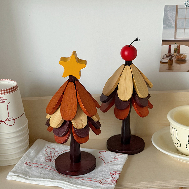 美式田园风木质圣诞树杯垫