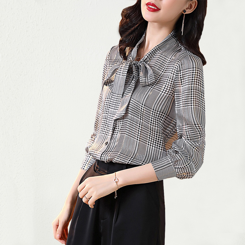 airangel 2020春季新款女 时尚商务格纹含金丝飘带桑蚕丝长袖衬衫|msdalam kategori Butik wanita / wanita, shirt - dari Buy2taobao.com untuk memberikan perkhidmatan ejen Taobao profesional membeli