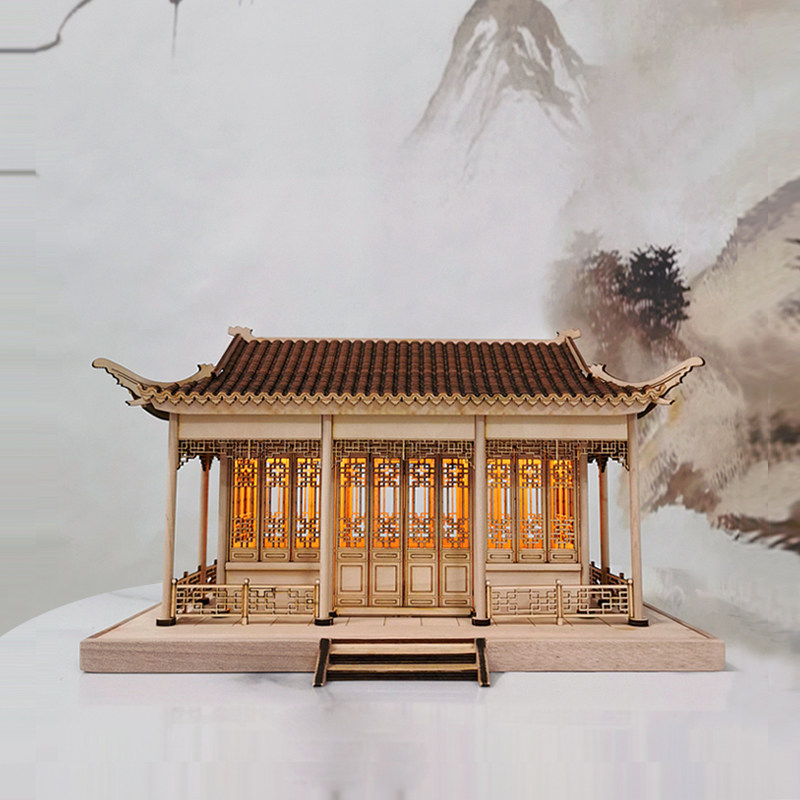 中国古建筑木模型中式古代木质拼装建筑成品古铜色模型摆件