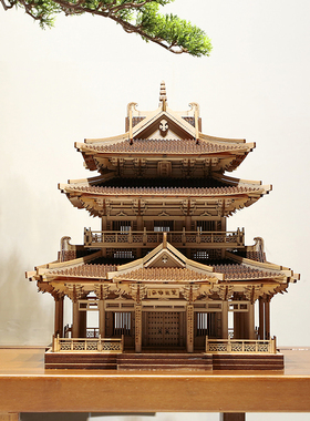 中式古建筑木质逍遥楼模型仿古三层楼阁桌面摆件手工拼装装饰品