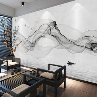 抽象水墨线条意境山水墙纸客厅书房电视背景墙装 3D新中式 饰5D壁画