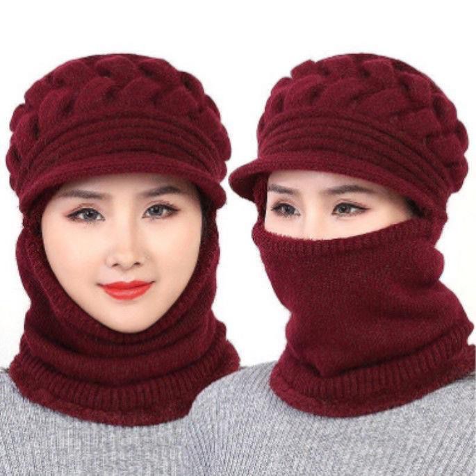 帽子女中老年人冬季百搭加厚毛线帽加绒保暖围脖妈妈帽连体针织帽