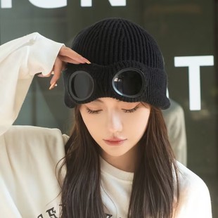 飞行员眼镜帽针织棒球帽女冬保暖毛线帽韩版鸭舌帽个性时尚套头帽