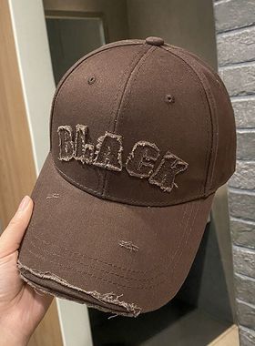 SAYA美式街头复古棒球帽男新款字母刺绣破洞大头围显脸小鸭舌帽女