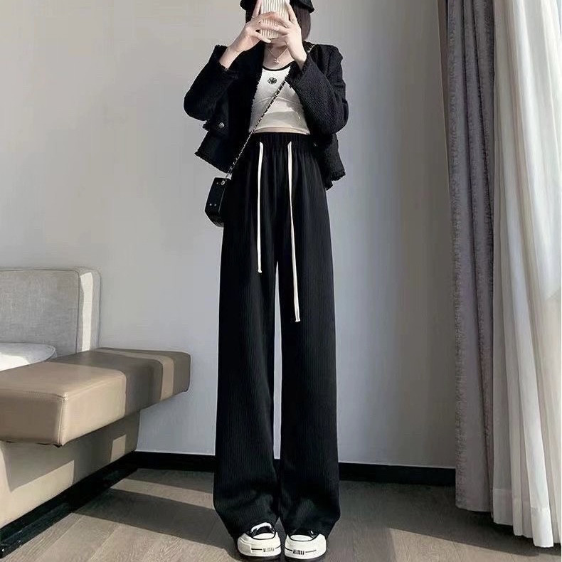 窄版针织阔腿裤女春夏薄款2025新宽松垂感直筒显瘦速干白色休闲裤