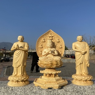 桧木精雕大日如来阿难迦叶尊者摆件居家佛堂寺庙供养装饰工艺品