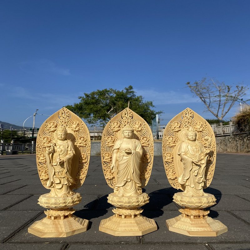桧木精雕西方三圣净瓶观音阿弥陀佛大势至菩萨摆件家居佛堂装饰品