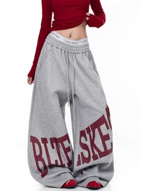 灰色字母印花卫裤女爵士阔腿运动裤春秋美式宽松慵懒松弛感休闲裤