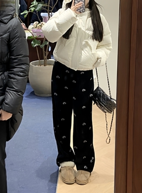 刺绣坑条灯芯绒阔腿运动卫裤女拖地长裤子春秋宽松慵懒直筒休闲裤