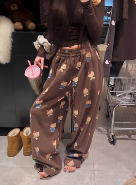 松弛感慵懒阔腿运动卫裤女拖地长裤子春秋甜美卡通印花垂感休闲裤