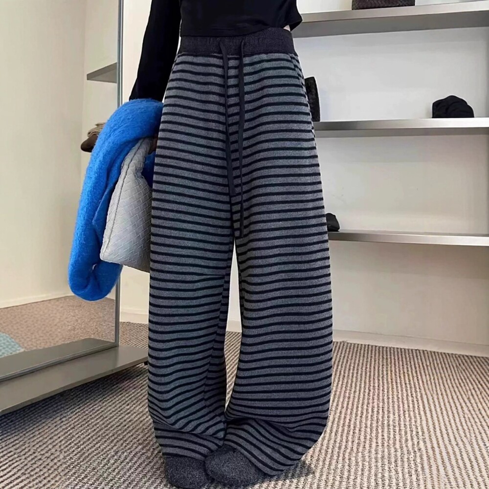 抽绳条纹运动卫裤女阔腿弯刀裤子