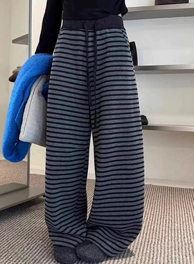 糯感抽绳条纹运动卫裤女阔腿弯刀裤子春秋韩版复古宽松慵懒休闲裤