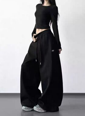 黑色阔腿运动卫裤女抽绳长裤子春秋美式复古宽松慵懒爵士舞休闲裤