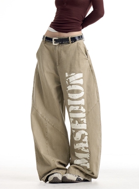 美式复古印花工装裤女阔腿运动裤春秋辣妹街头宽松慵懒爵士休闲裤