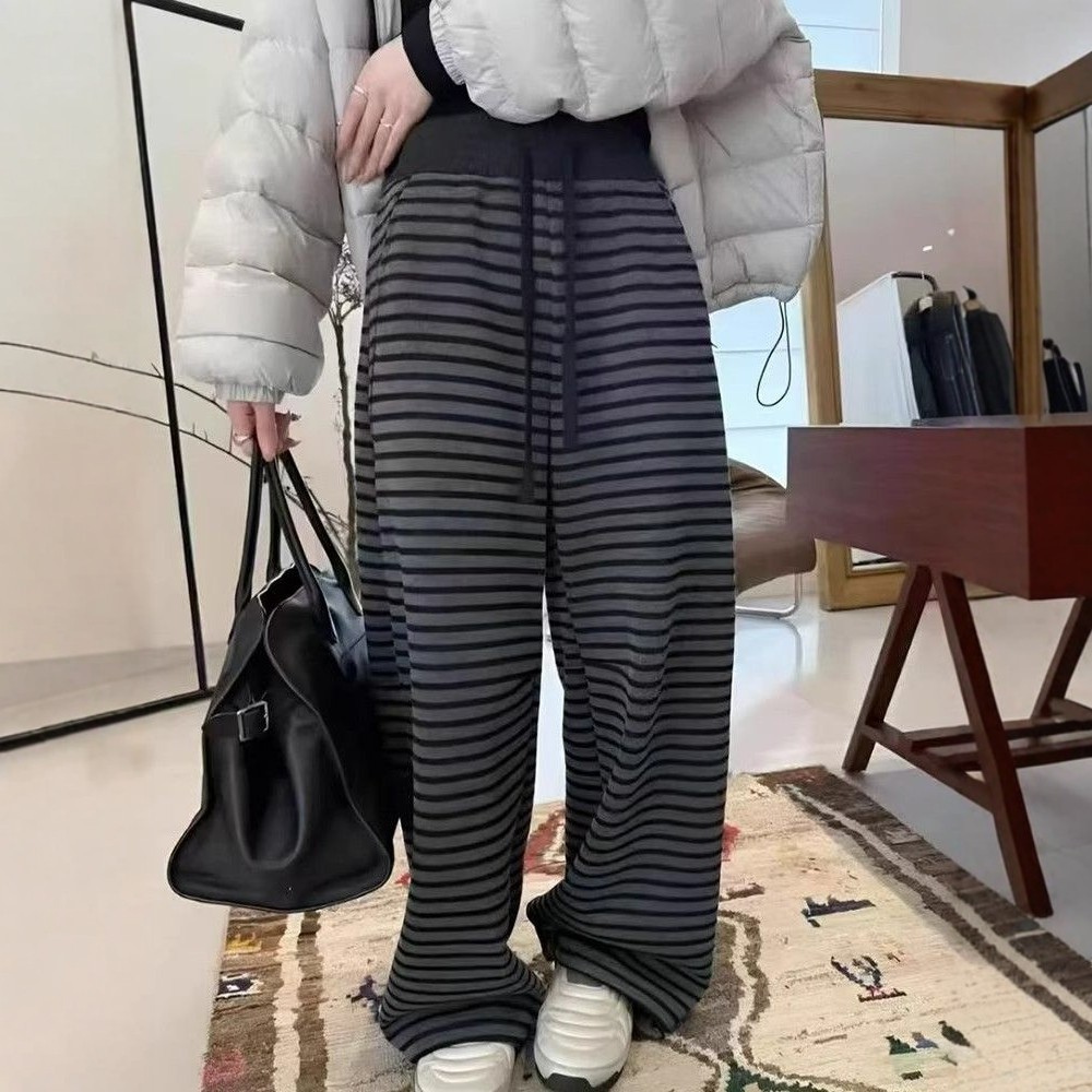 软糯感条纹阔腿运动卫裤女拖地长裤子秋冬美式复古宽松抽绳休闲裤,女装/女士精品,卫裤,淘宝优惠券,粉丝福利购,淘宝优惠卷