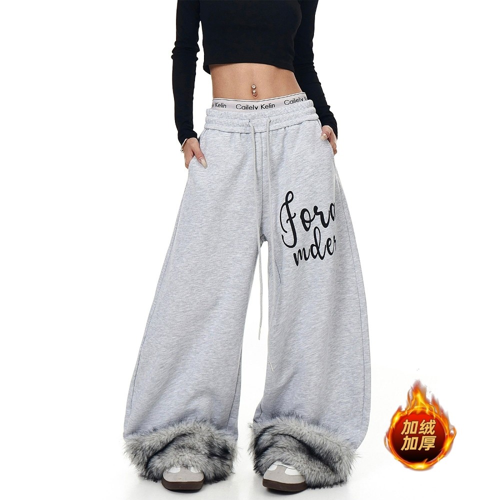 加绒阔腿运动卫裤女毛绒裤脚长裤子秋冬美式辣妹松弛感宽松休闲裤,女装/女士精品,卫裤,淘宝优惠券,粉丝福利购,淘宝优惠卷