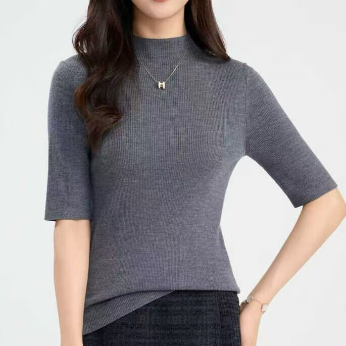 女士半高领精纺羊毛短袖纯色抽条修身显瘦五分袖针织毛衣打底内搭