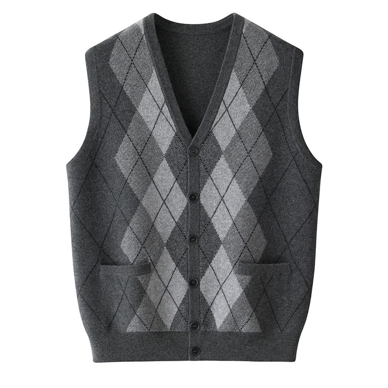 秋冬保暖100%纯羊绒马甲背心男中老年坎肩提花V领针织开衫2024新