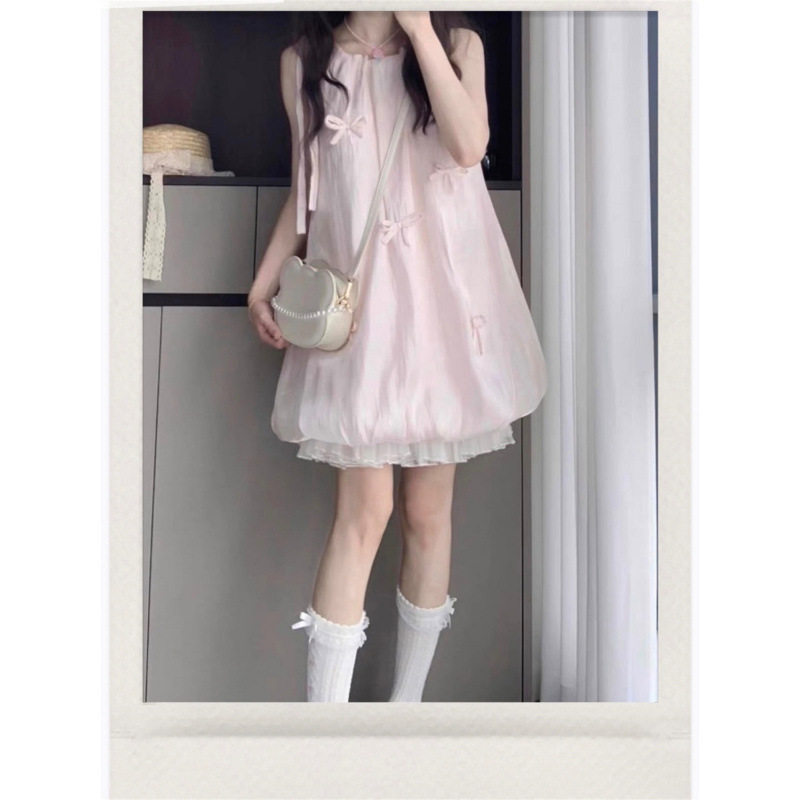 甜美温柔可爱小粉色蝴蝶结花苞连衣裙女学生夏季新款宽松显瘦