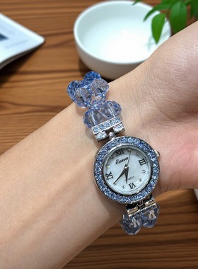 eana时尚蓝色水晶手表天然贝母表盘镶钻手表石英表防水女式手表