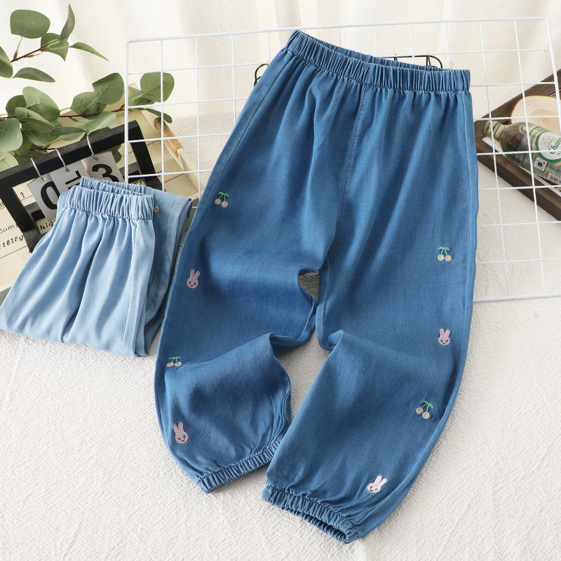 儿童软牛仔裤2024新款夏季女童天丝棉长裤洋气宝宝宽松防蚊裤薄款