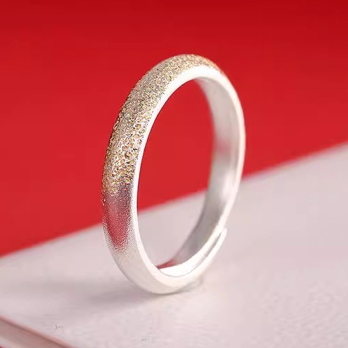 蒙客时尚通勤手饰足银9999古法喷砂描金戒指开口简约指环