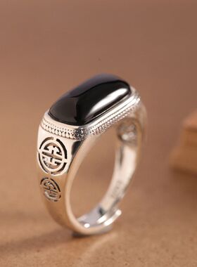 S925银镶黑玛瑙开口食指戒