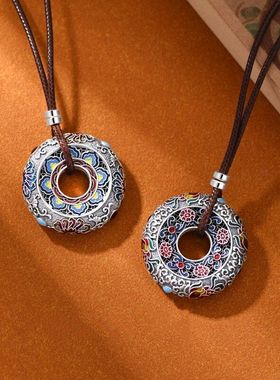 999纯银珐琅繁花平安扣吊坠