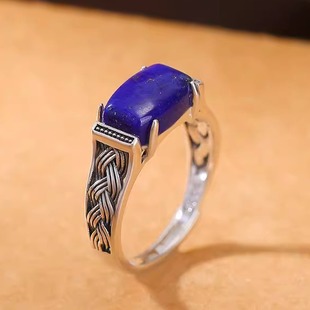 蒙客S925纯银青金石复古编织方形马鞍戒指蒙古戒指银指环民族风