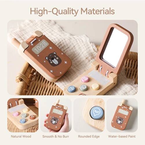 Montessori Toys Cartoon Bear Wooden Simulation Flip Phone Ba