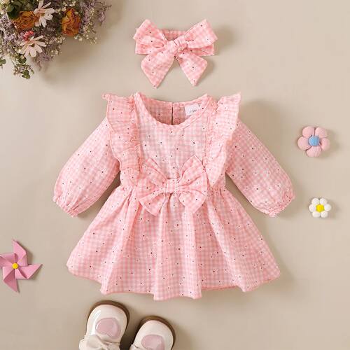 Baby girl Sweet Dress Round Neck Small Floral plaid Long sle
