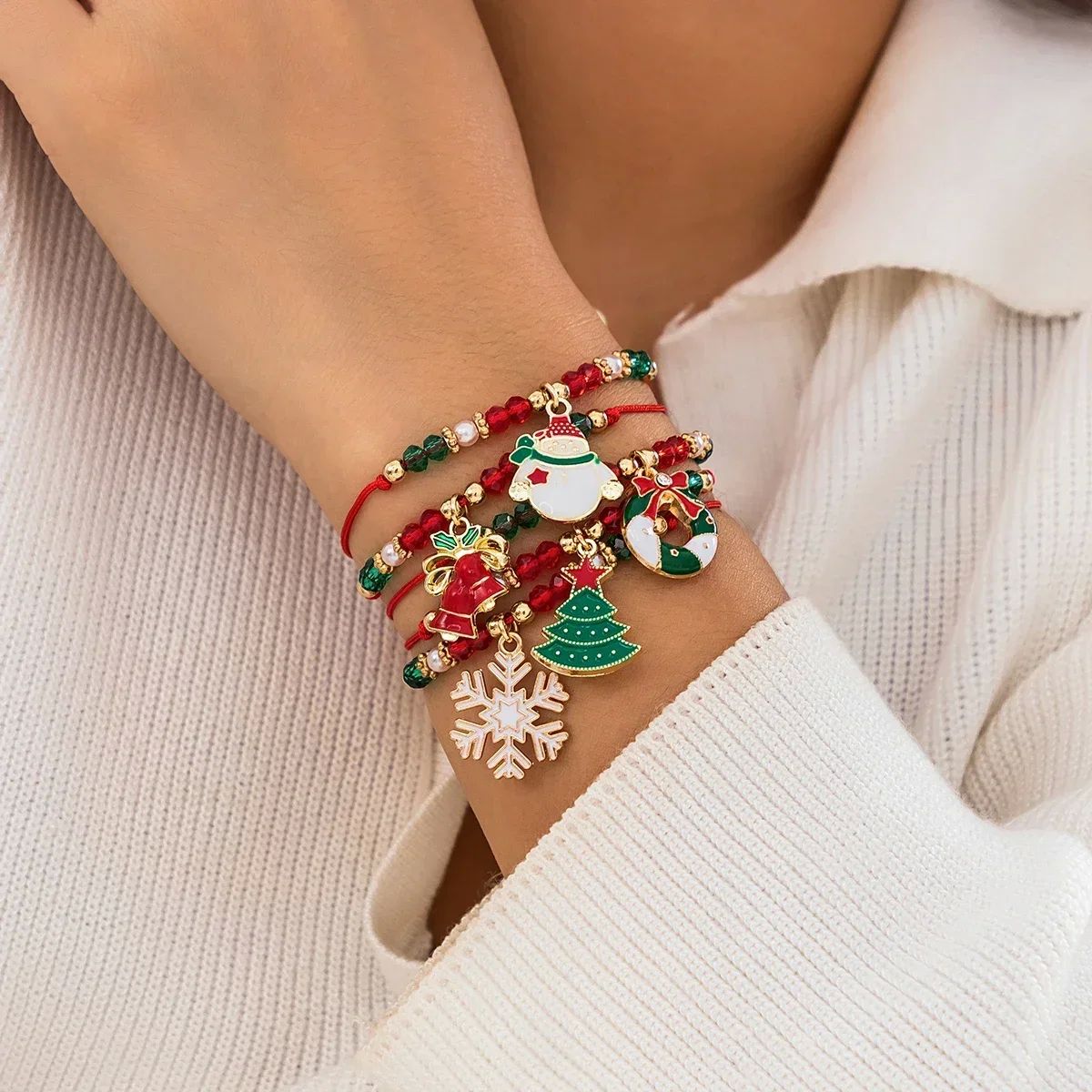 5PCS Christmas Bracelets Enamel Xmas Tree Bell Santa Snowfla