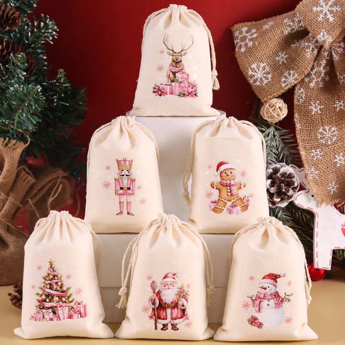 6pcs Christmas Linen Cotton Gift Bags Merry Christmas Decora