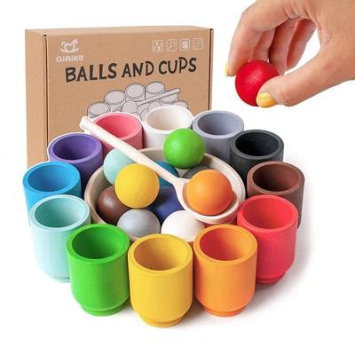 Baby Montessori Wooden Toy Rainbow Ball and Cups Color Sorti