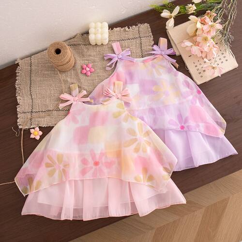 Cute Bow Suspenders Baby Girl Dress Summer  Solid Color Chil